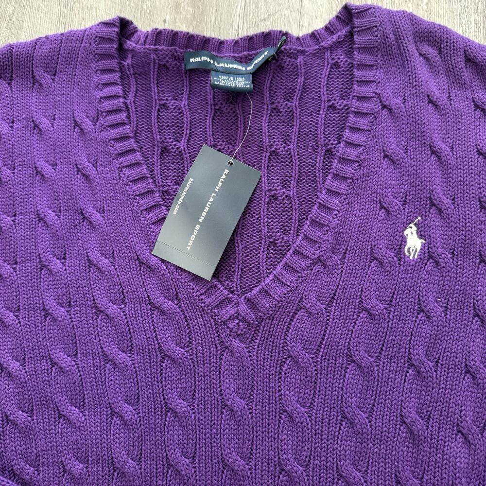 Ralph Lauren Sport Sweater Womens Size XL Purple Cable Knit V-Neck Cotton NEW - Picture 7 of 7